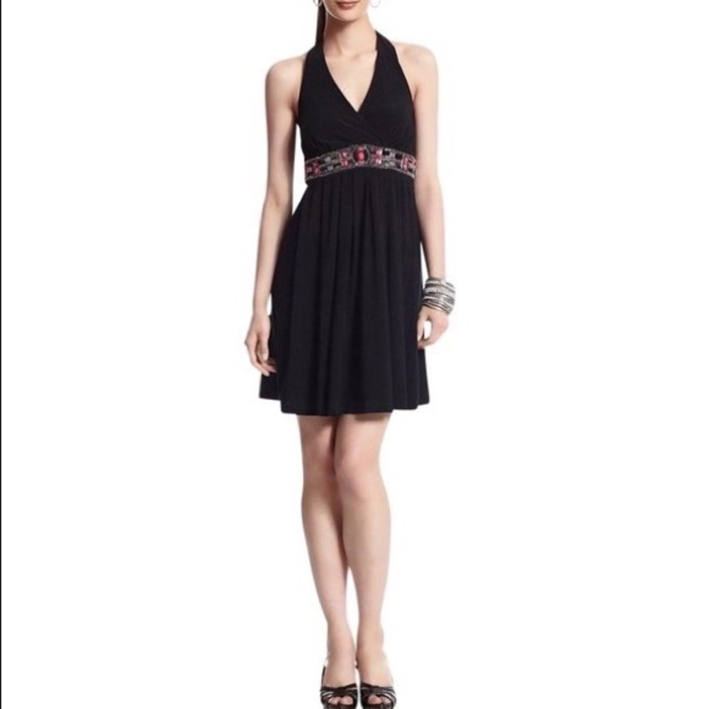 White House Black Market WHBM Womens Black Beaded Jersey Halter Dress size 4